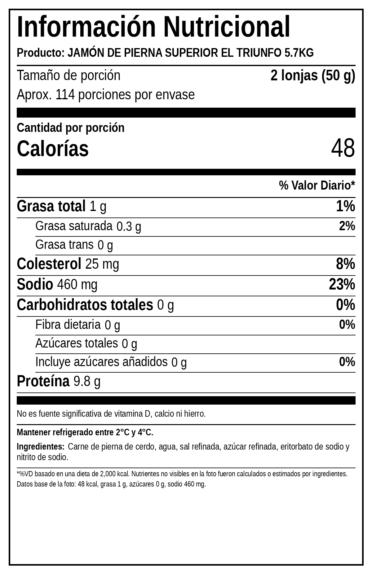 Tabla nutricional de Jamon de Pierna Superior
