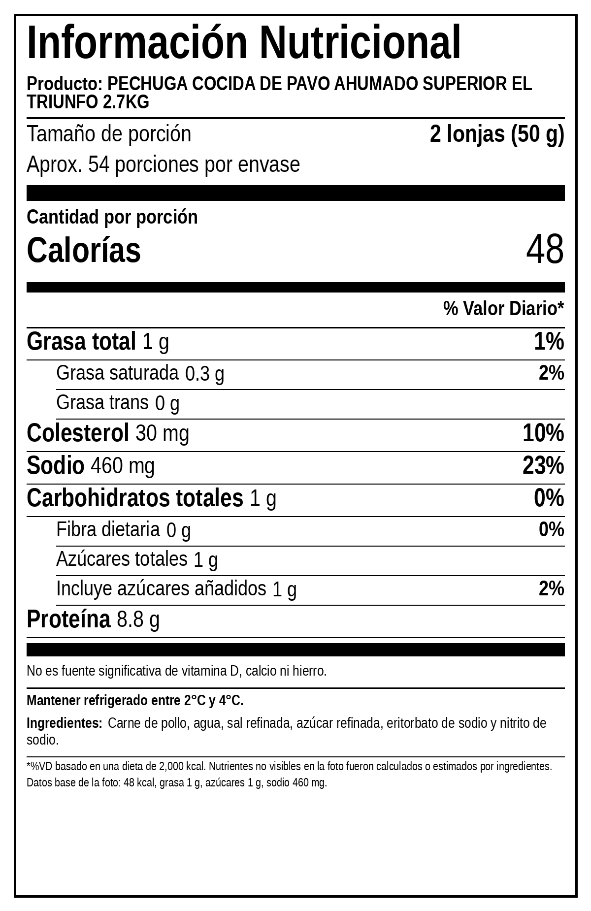 Tabla nutricional de Pechuga Cocida de Pavo Ahumado Superior