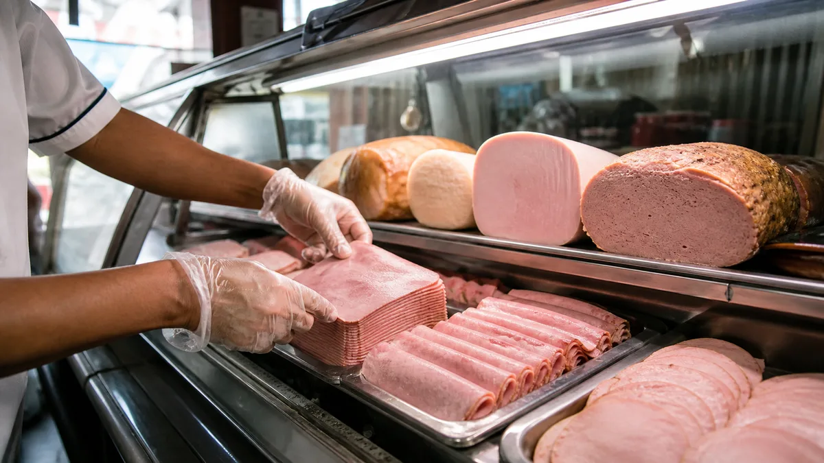 Manos con guantes organizando lonjas para conservar embutidos en una vitrina refrigerada