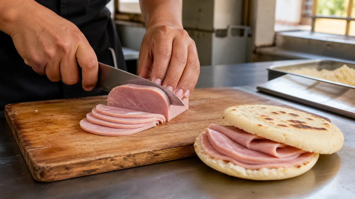 Manos cortando lonjas parejas de jamón para arepera junto a una arepa abierta